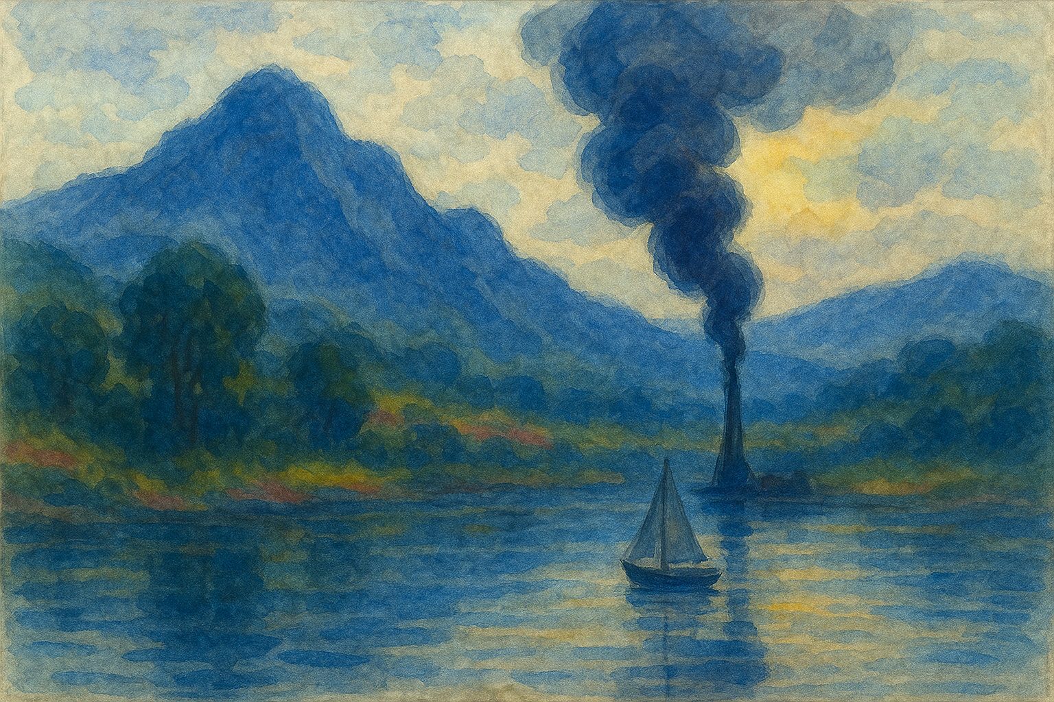 Painted landscape of a lake beneath mountains
